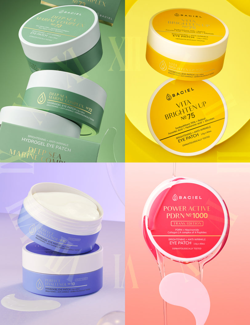 BACIEL Eye Patches in four daily variants—Marine, Vitamin, Hyaltenol, and PDRN—each color-coded to match your under-eye condition throughout the day.
