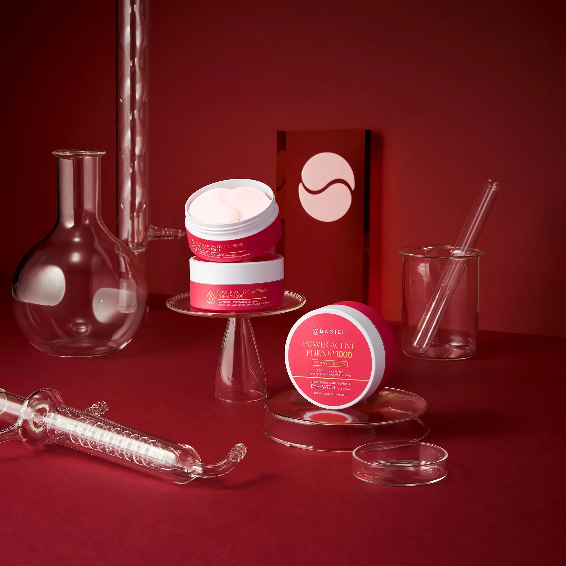 Product set of BACIEL Power Active PDRN 1000 Eye Patch showing multiple patches and open jar texture